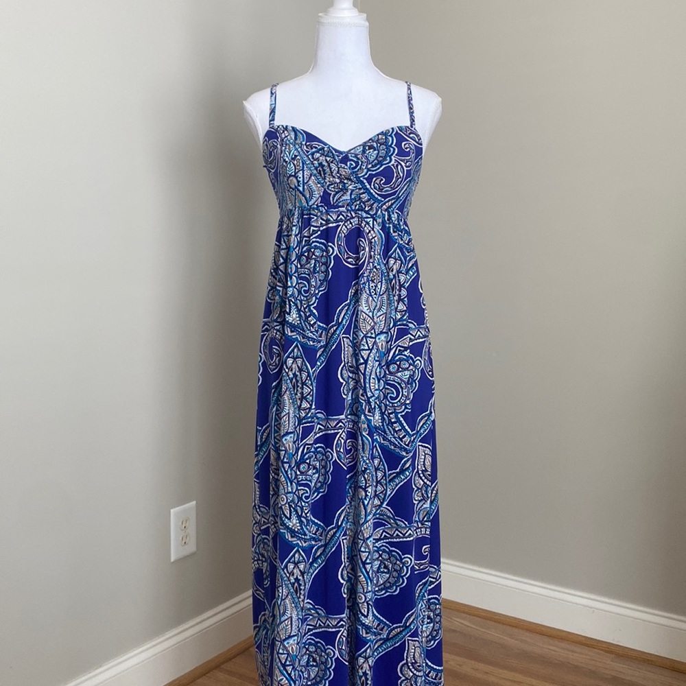Blue Geometric Floral Maxi Dress with Sweetheart Neckline & Spaghetti Straps